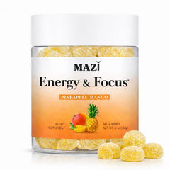 MAZI Energy & Focus Gummies bottle for crash-free energy and focus.
