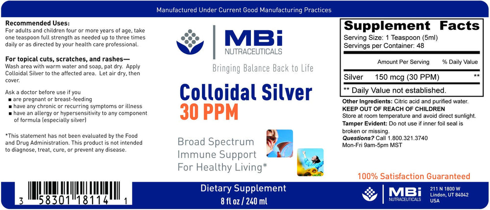 MBI Nutraceuticals Colloidal Silver 30 PPM label close-up shows purity.
