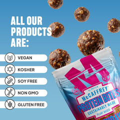 McCaffrey Protein Bites packaging closeup with gluten-free and vegan labels.