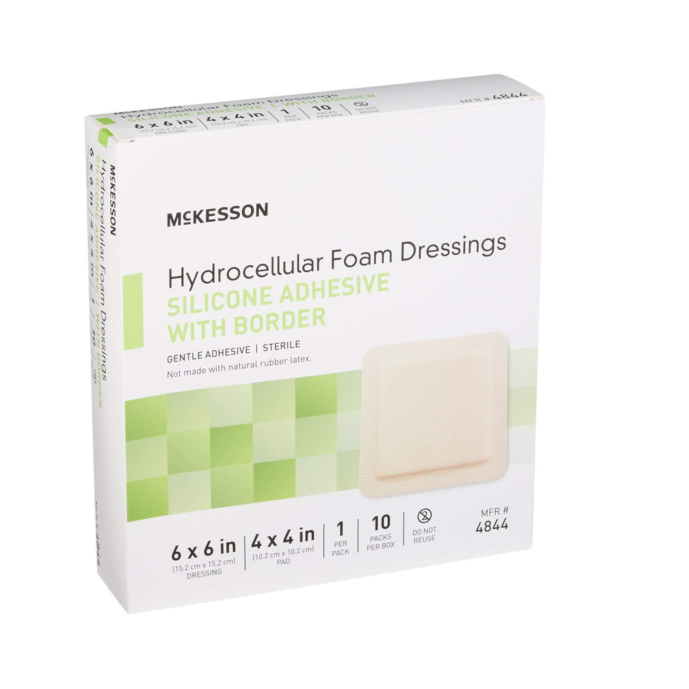 McKesson foam dressing pack image shows 10-count pack ready for care settings.