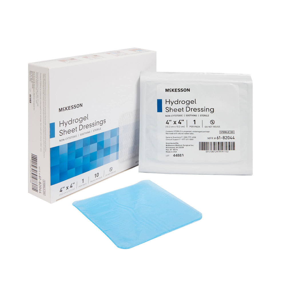 McKesson hydrogel sheet dressing 4x4 sterile supports moist wound care.