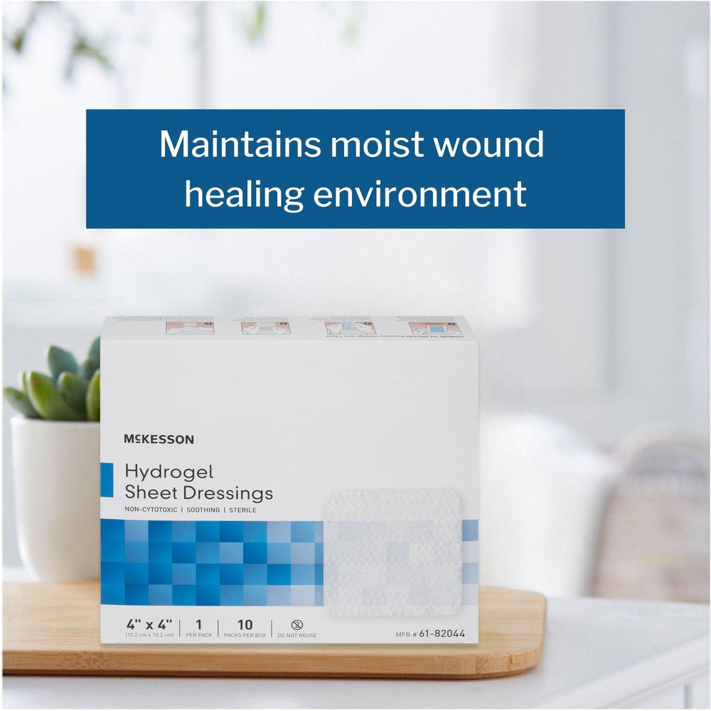 Square 4x4 McKesson hydrogel sheet dressing for primary wound protection.