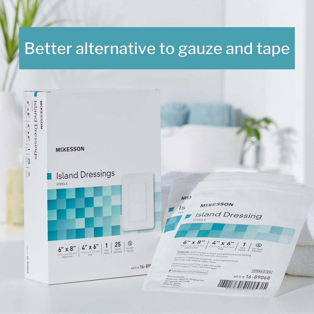 McKesson Island Dressing non-adherent pad reduces removal discomfort.
