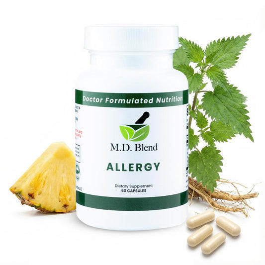 M.D. Blend allergy relief capsules bottle ready for daily use and seasonal comfort.