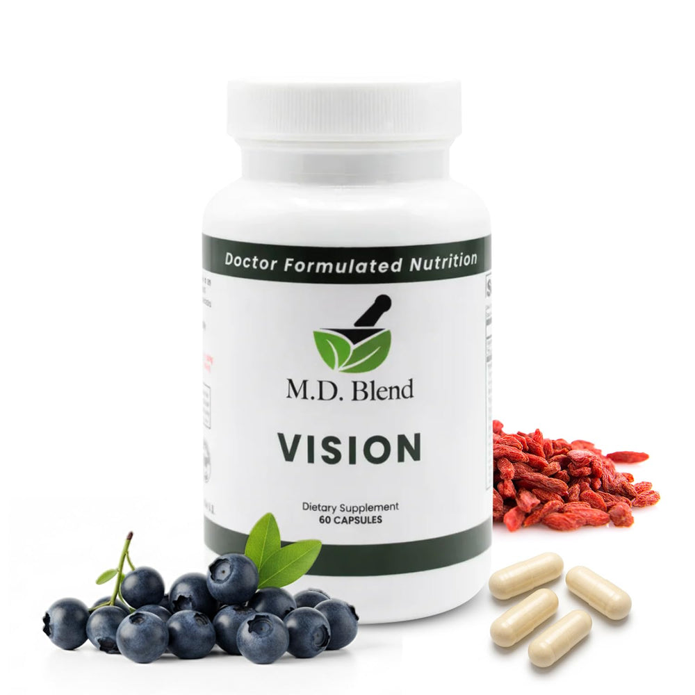M.D. Blend Vision bottle with capsules promoting daily eye health and clarity.