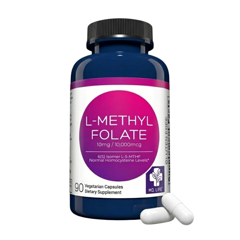 MD Life L-Methylfolate 10 mg bottle front, clear daily use packaging for easy intake.