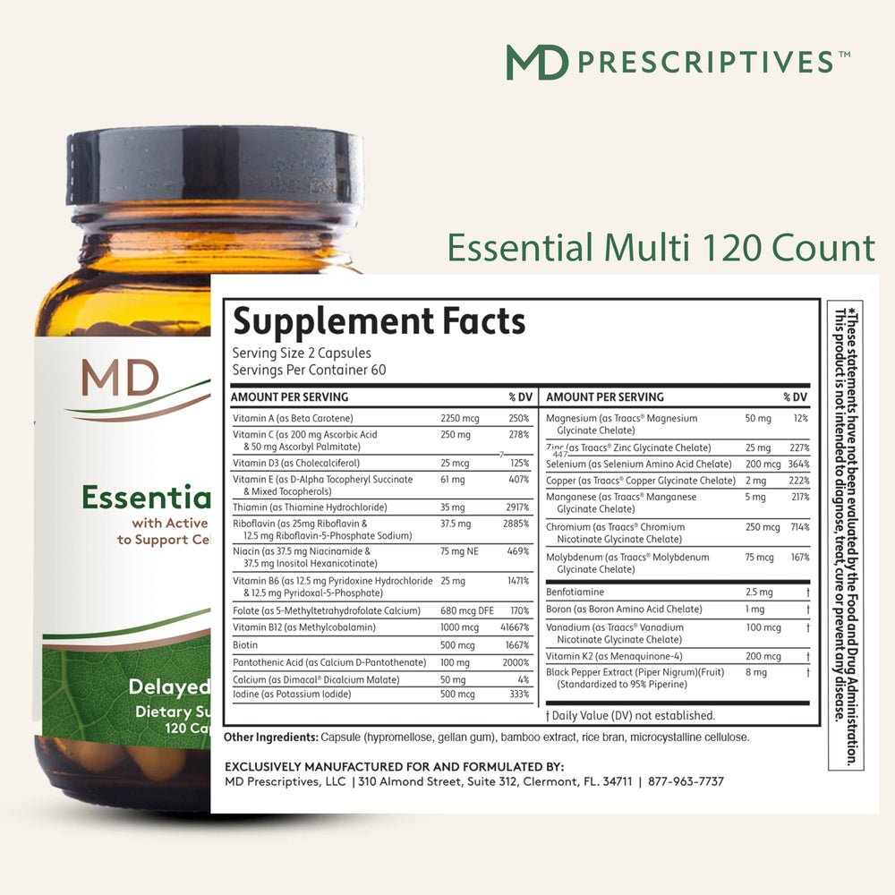 MD Prescriptives Essential Multi bottle side view showing convenient daily capsules
