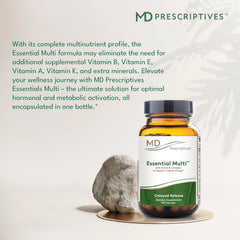 MD Prescriptives Essential Multi label view with allergen-free, GMO-free ingredients note