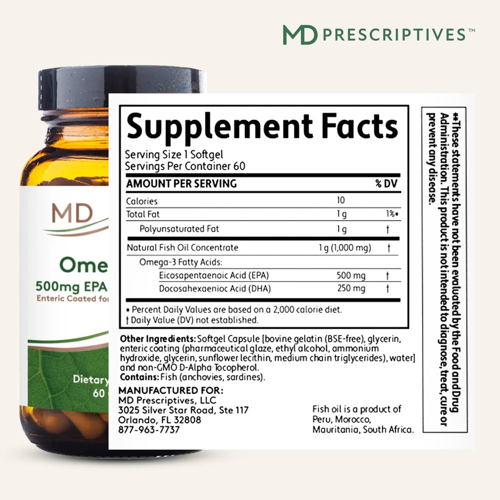 MD Prescriptives Omega MD bottle back label with dosing details for informed use.