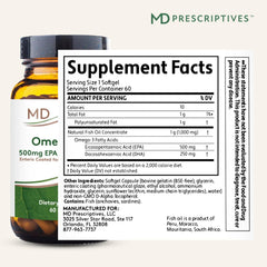 MD Prescriptives Omega MD bottle back label with dosing details for informed use.