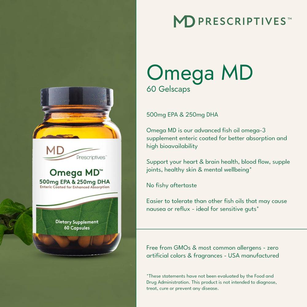 MD Prescriptives Omega MD softgels closeup, enteric coating reduces aftertaste.