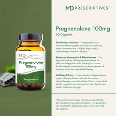 MD Prescriptives Pregnenolone label detail emphasizing non-GMO vegan formula.