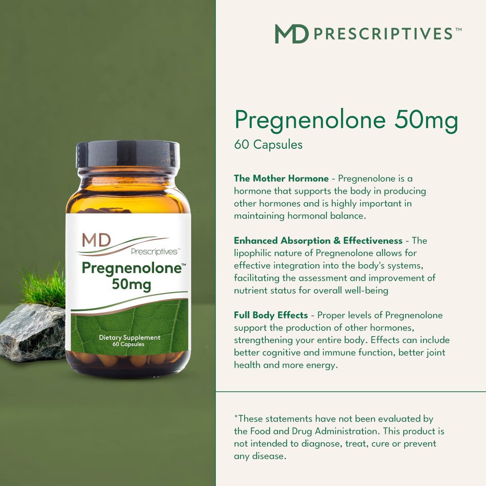 MD Prescriptives Pregnenolone label view conveys clear vegan, non-GMO commitment.