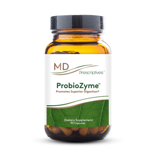 MD Prescriptives ProbioZyme bottle for daily digestive enzyme support.