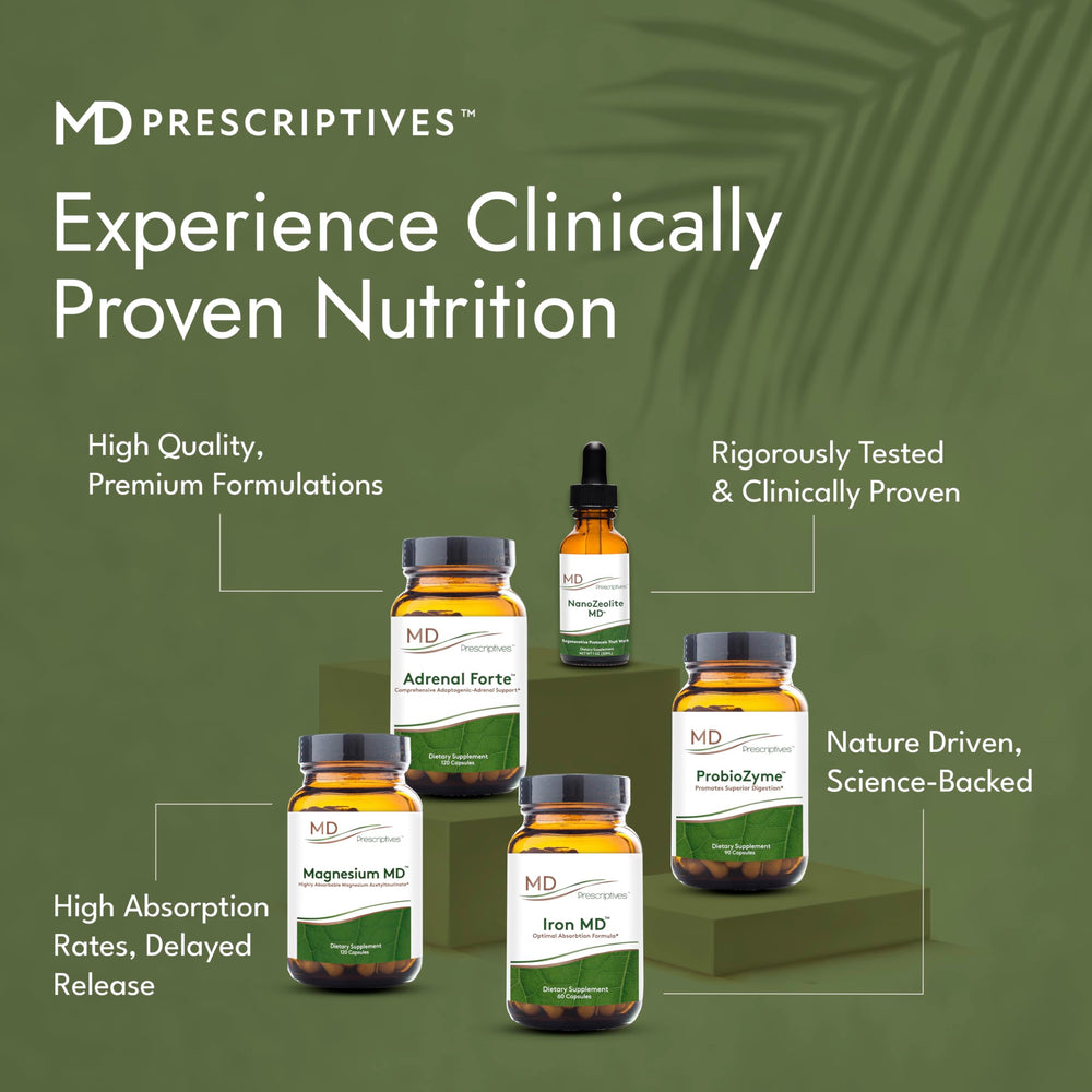 MD Prescriptives ProbioZyme front label highlights patented probiotic mix for digestion.