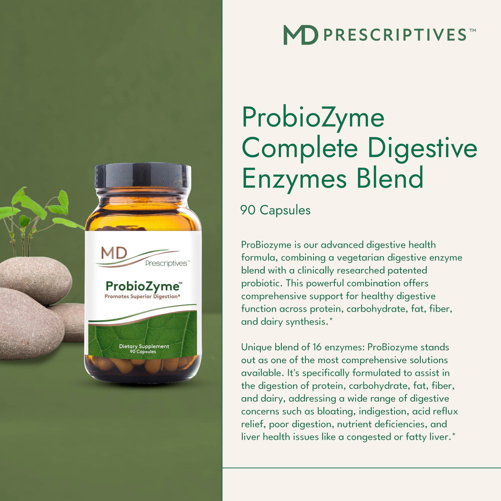 MD Prescriptives ProbioZyme label emphasizes vegetarian, gluten-free formula.