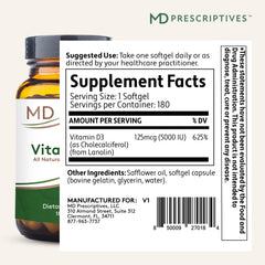 Close-up of MD Prescriptives Vitamin D3 softgels highlighting smooth, easy absorption.
