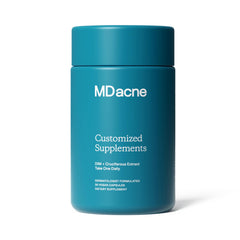 MDacne DIM Skin Clearing Supplements bottle, vegan option for internal acne support.