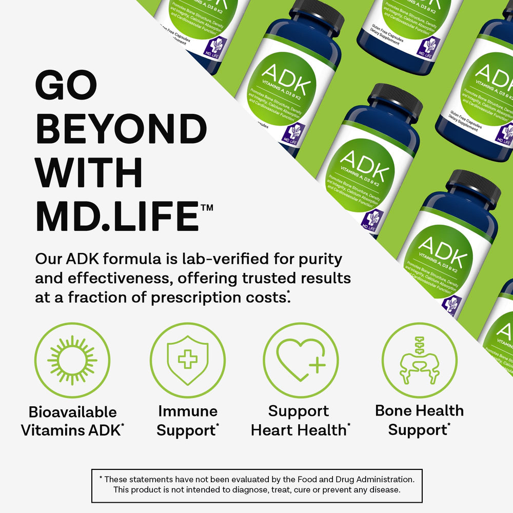 MD.LIFE ADK capsules closeup highlights vegan capsules designed for efficient nutrient uptake