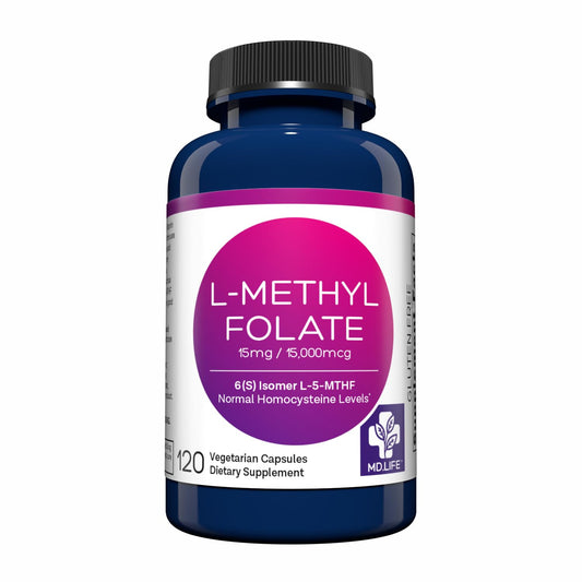 MD.LIFE L-Methylfolate 15mg bottle for a consistent daily supplement routine.