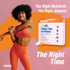 MDR Fitness Tabs beside a glass suggesting a daily wellness ritual