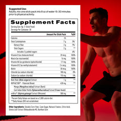 Mdrive Accelerate stick pack beside glass of water, convenient pre-workout preparation.