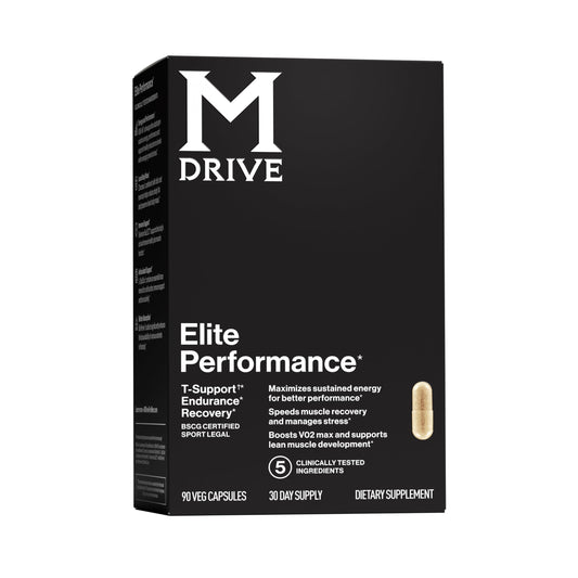 Mdrive Elite bottle close-up, highlighting premium formulation for daily energy.