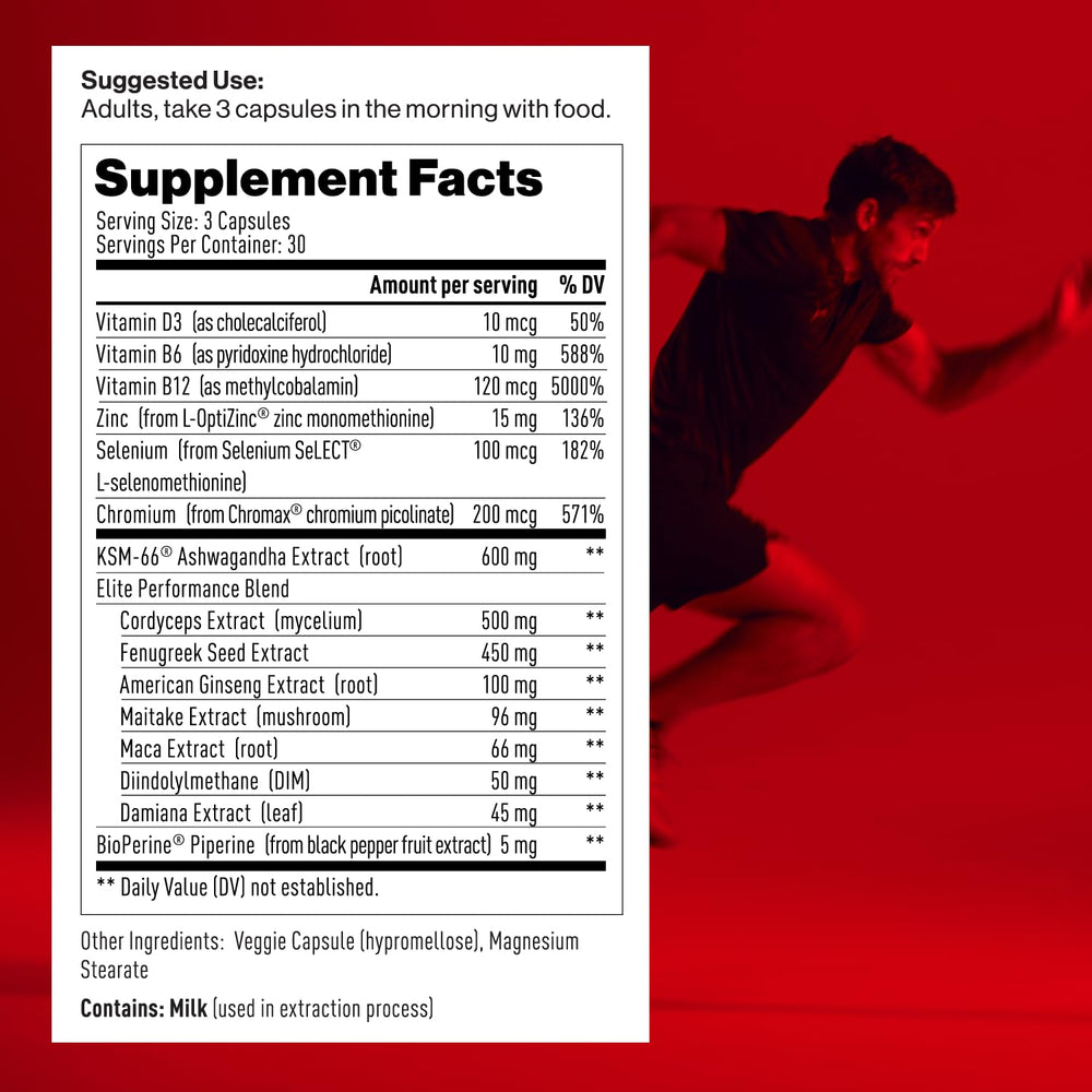 Mdrive Elite capsules pour, suggesting convenient daily supplementation.