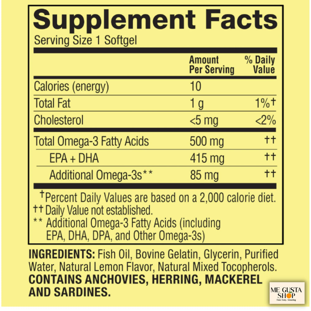 Spring Valley Omega 3 500mg label close-up highlights per softgel strength