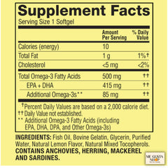 Spring Valley Omega 3 500mg label close-up highlights per softgel strength