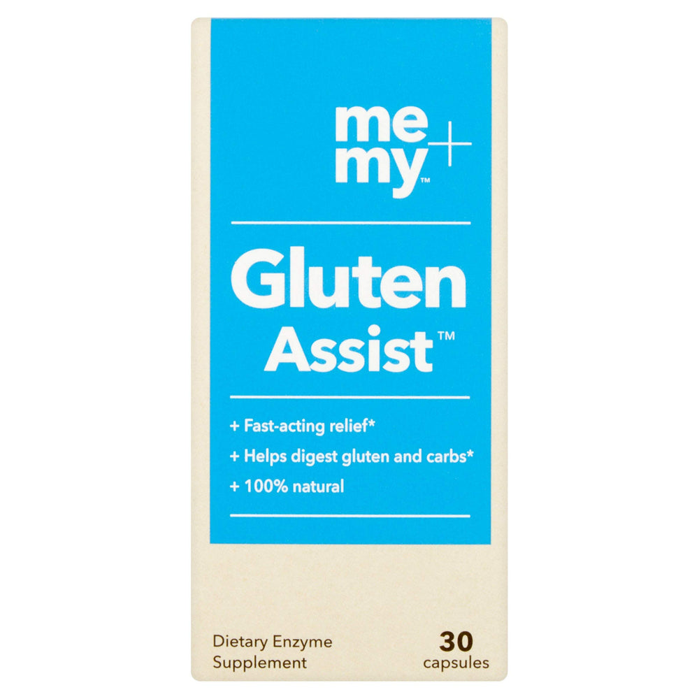 Me + My Gluten Assist capsules in hand illustrate daily use with meals.