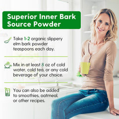 Meablewse Slippery Elm Powder label emphasizes vegan and gluten-free features