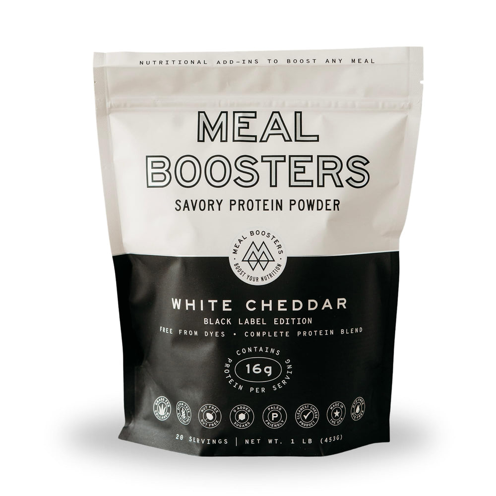 Meal Boosters Savory White Cheddar protein powder bottle, ideal for high-protein meals.