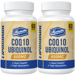 Mecinalis liposomal CoQ10 bottle front highlighting premium packaging and absorption focus.