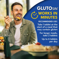 Medagel GLUTOsin mini-tablets close-up highlighting compact gluten-breaking action.