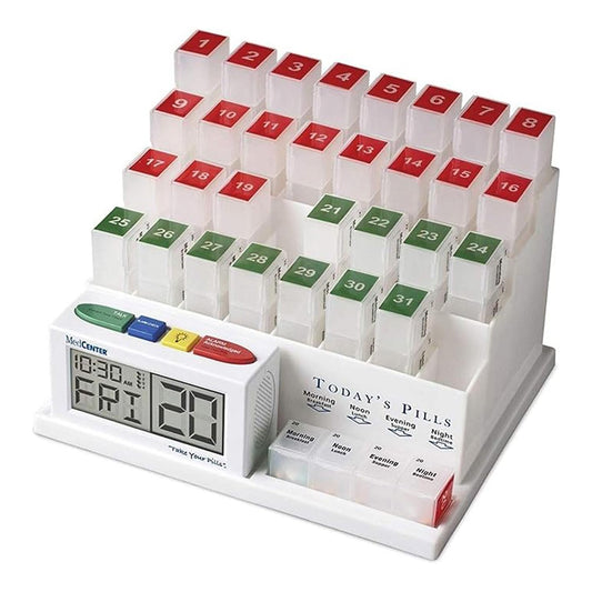 MEDCENTER monthly pill organizer front view with four daily compartments for easy dosing.