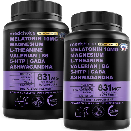 MEDCHOICE melatonin 10mg bottle close-up for a calm bedtime routine.