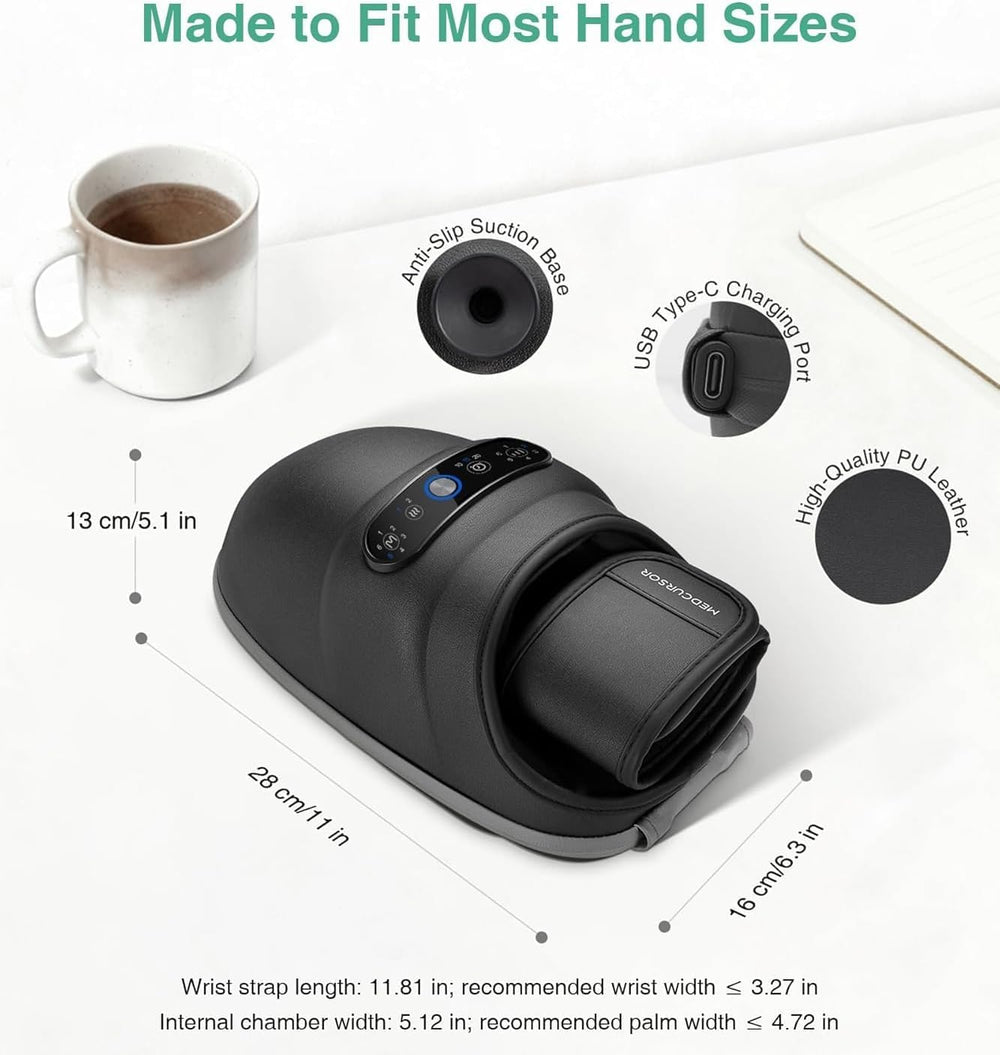 Medcursor hand massager in-use view conveys at-desk comfort.