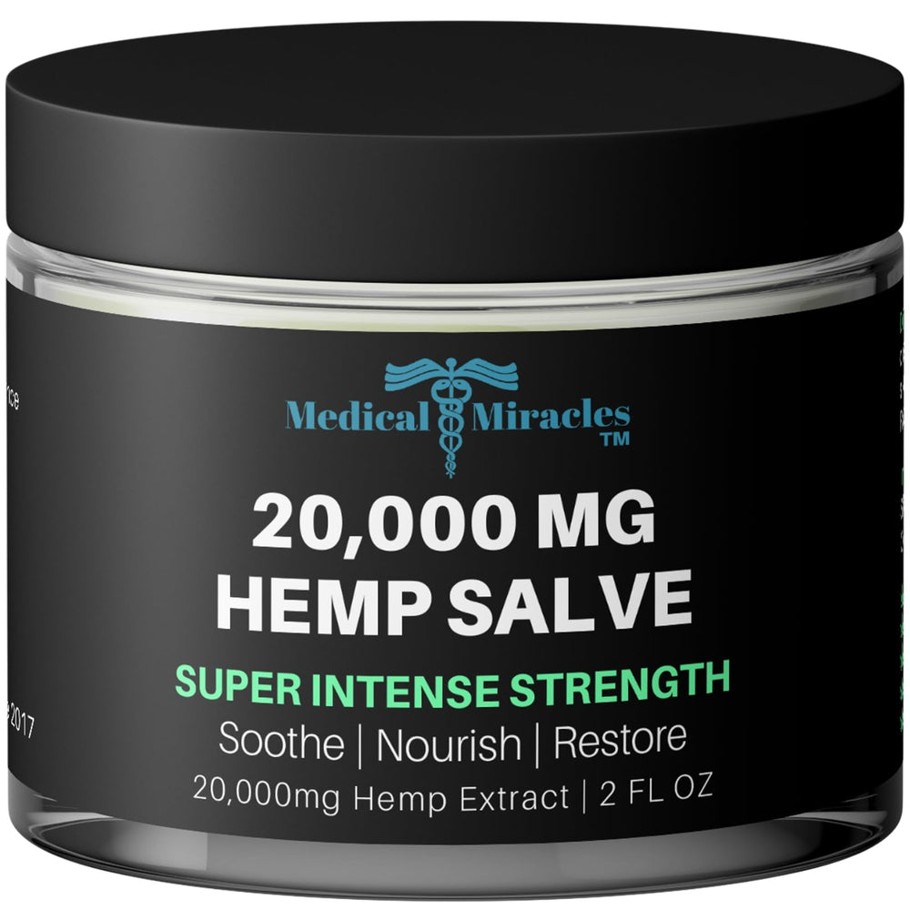 Medical Miracles hemp salve 20000mg bottle on counter for targeted joint support.