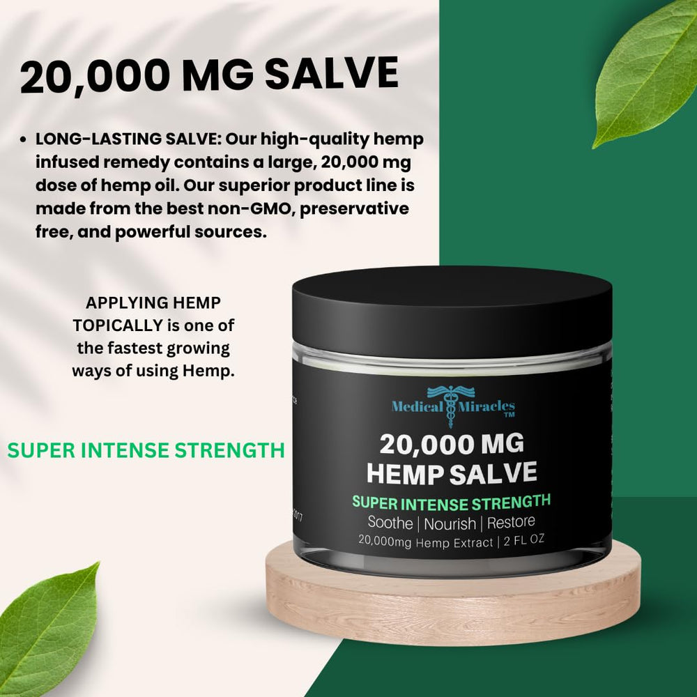 Medical Miracles hemp salve ingredients omega fatty acids for skin nourishment.
