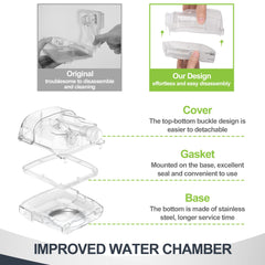 Medicolor water chamber for AirSense 11 slides in horizontally for quick setup.