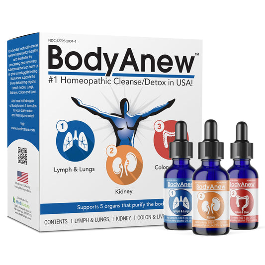 MediNatura BodyAnew bottle with water showing gentle cleansing support.