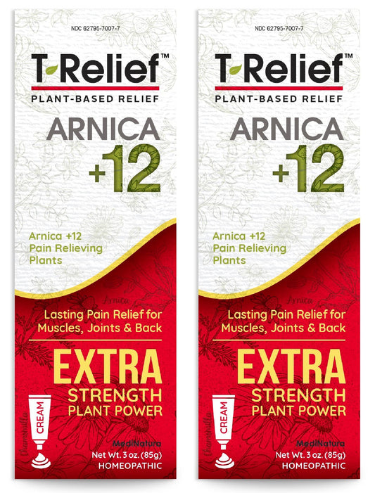 MediNatura T-Relief Arnica Cream tube front showing compact 3 oz bottle for on-the-go relief.