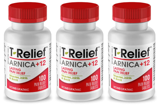 MediNatura T-Relief bottle front in three-pack for convenient home use.