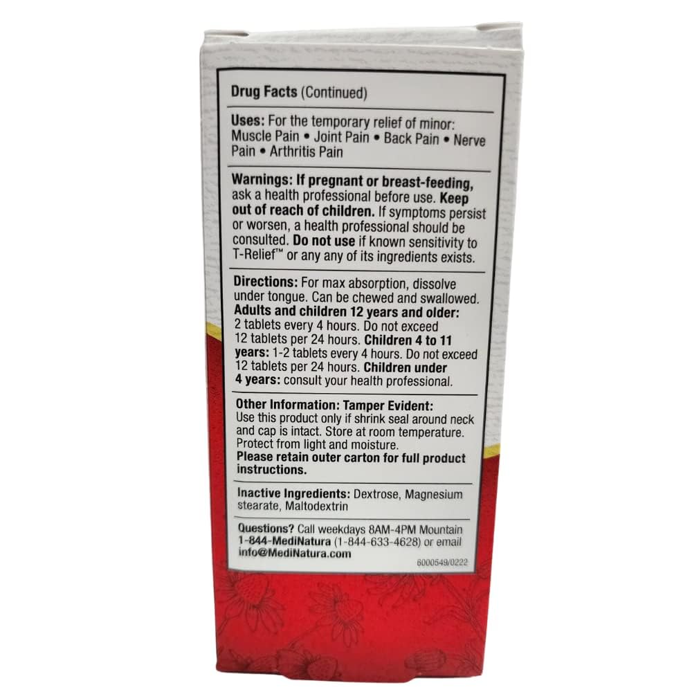 Medinatura T-Relief packaging-box displaying contents and safety standards.