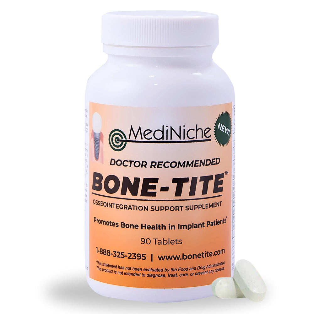 MediNiche Bone-Tite bottle on counter signals dental implant support