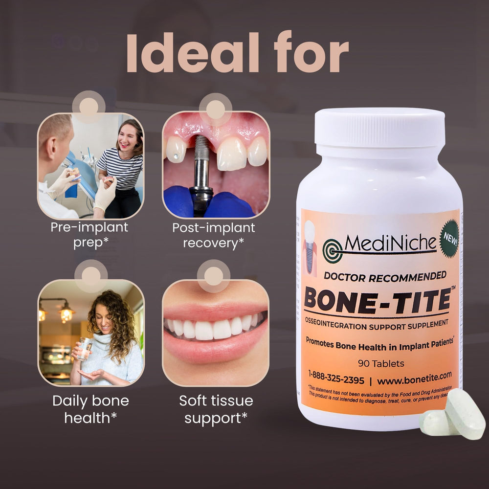 MediNiche Bone-Tite tablets beside a dental implant model for alveolar bone health
