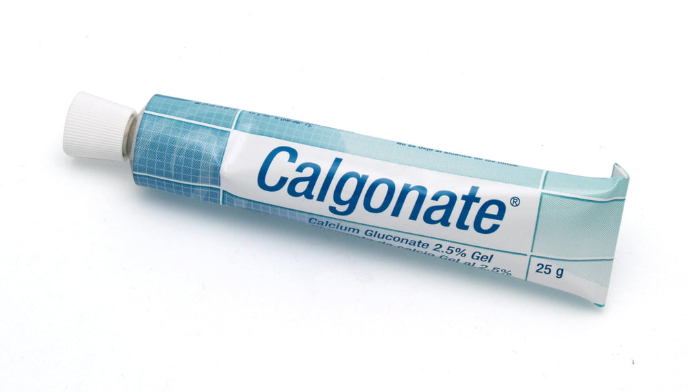 Medique calcium gluconate gel tube 25g ready for first aid use against hydrofluoric acid exposure.