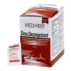 Medique Medi-First sinus decongestant tablet close-up showing non-drowsy relief option.