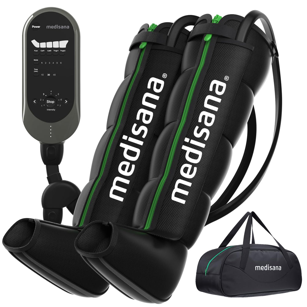 Medisana leg compression massager on leg with full-coverage airbags for circulation support.